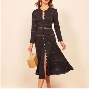 Reformation Black Long-Sleeve Button-Front Crochet Midi Dress